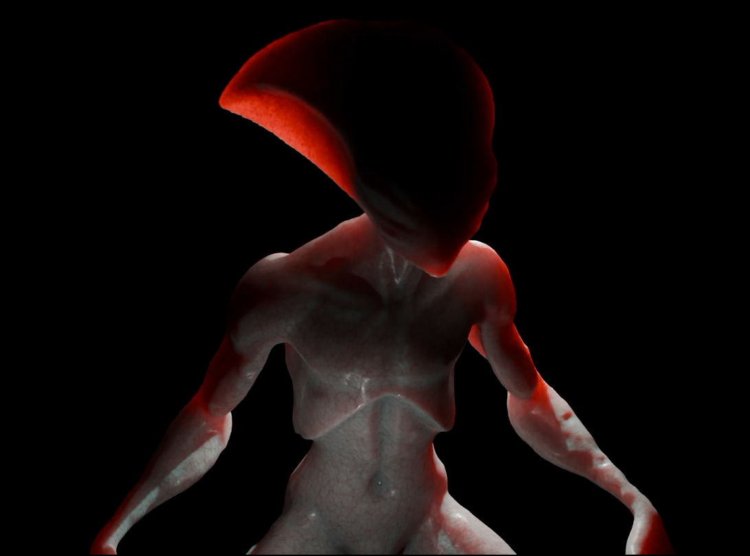 An Avenoi illuminated by red light against the darkness