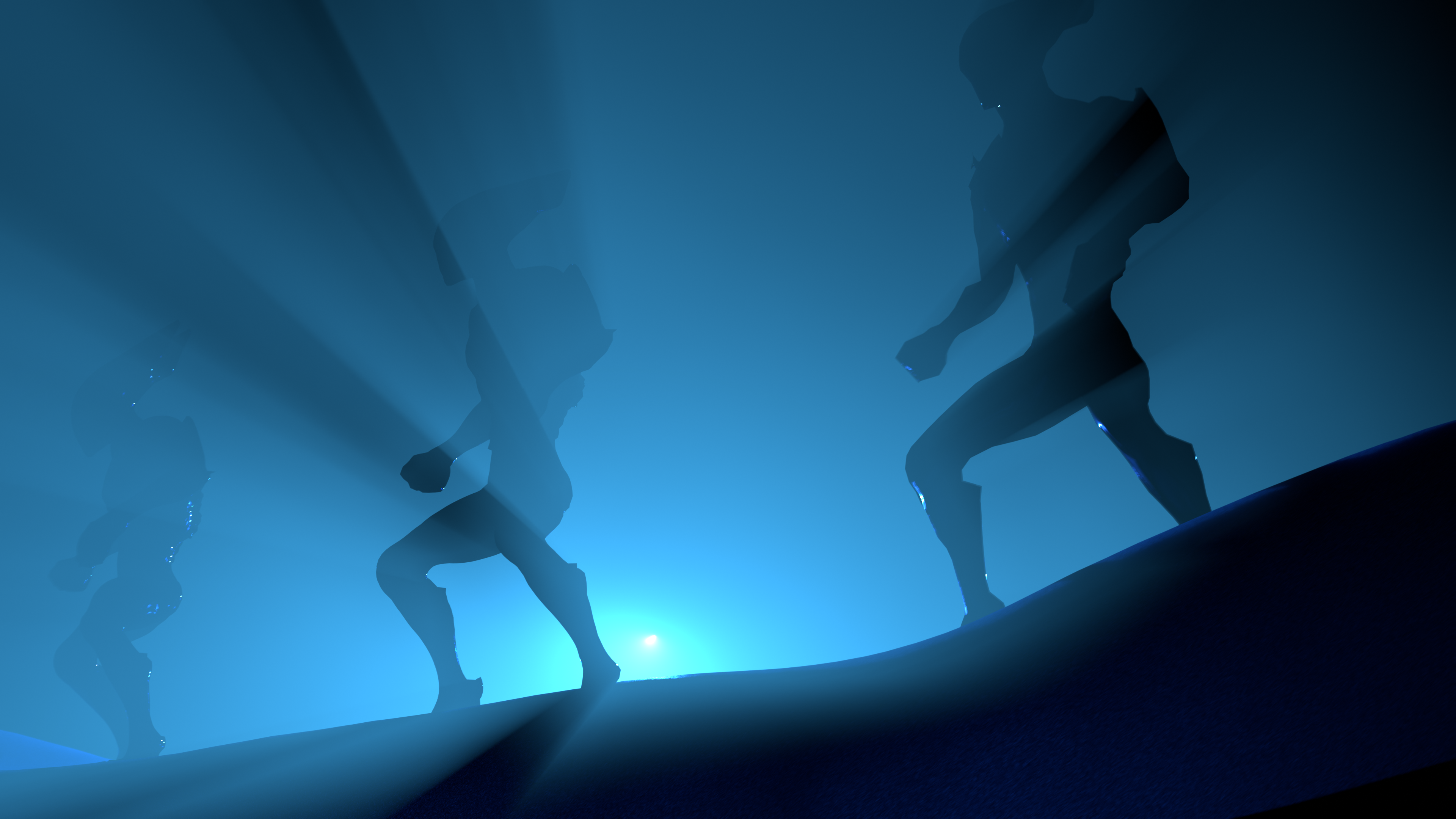 Silhouetted entities advancing through blue haze