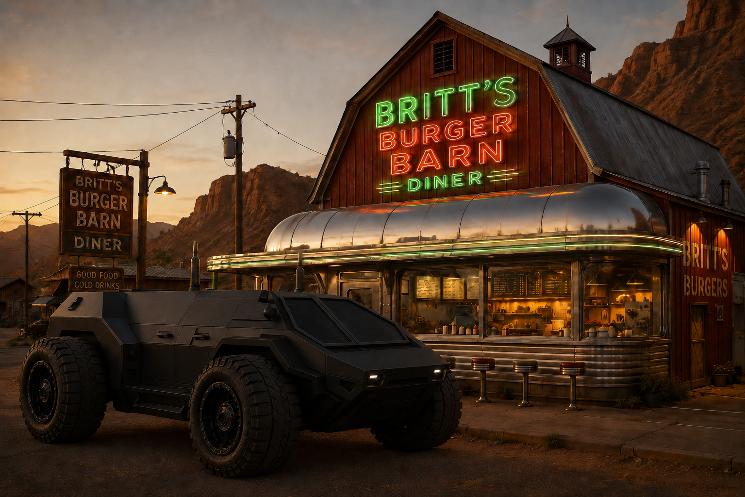 Britt's Burger Barn Diner at dusk, a Baether transport parked out front