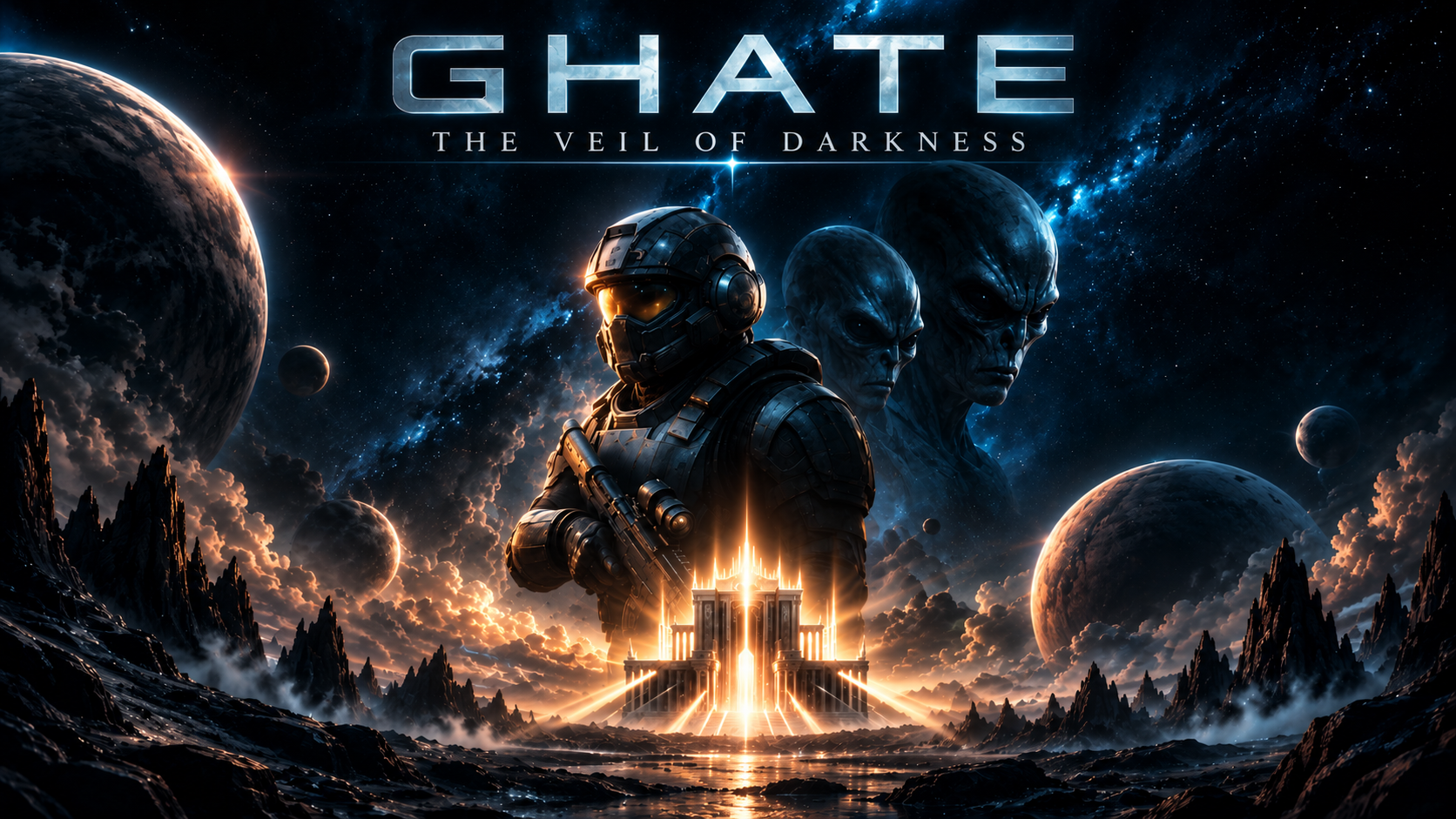 GHATE: The Veil of Darkness — an armored soldier and alien faces above a golden citadel, surrounded by planets and blue stars