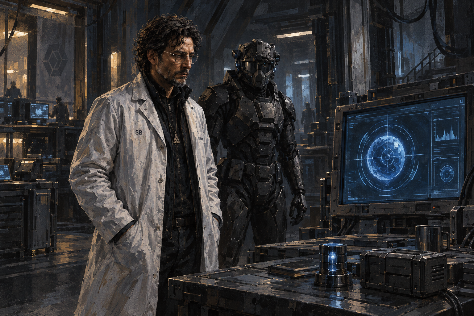 SB in Baether Labs beside the armored suit prototype