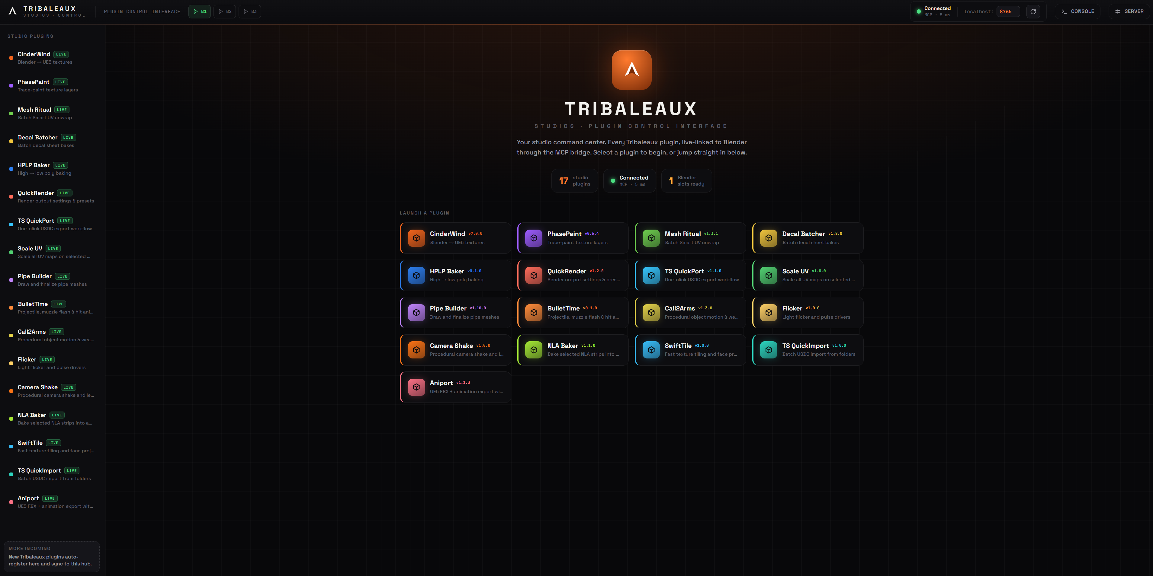 Tribaleaux Studios Control — plugin control interface for Blender